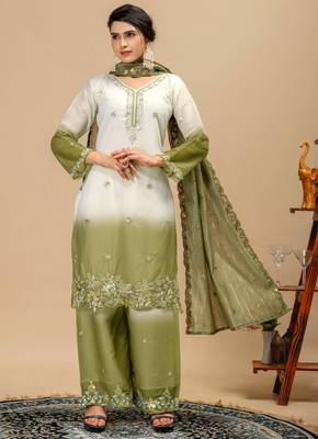 Olive Color Front Embroidery Beads Work With Cut-work Padding Star Georgette Kurti Set 1
