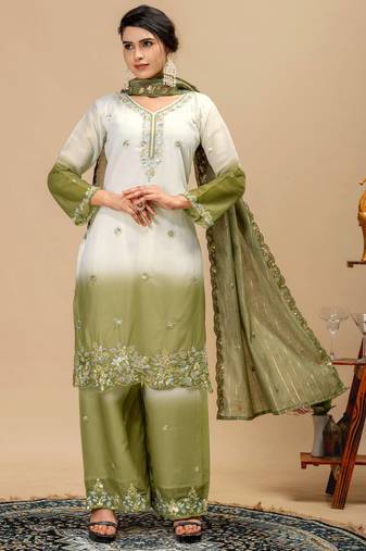 Olive Color Front Embroidery Beads Work With Cut-work Padding Star Georgette Kurti Set