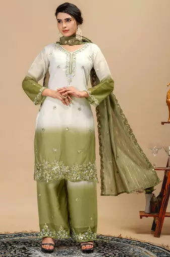 Olive Color Front Embroidery Beads Work With Cut-work Padding Star Georgette Kurti Set