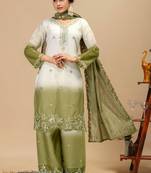 Olive Color Front Embroidery Beads Work With Cut-work Padding Star Georgette Kurti Set