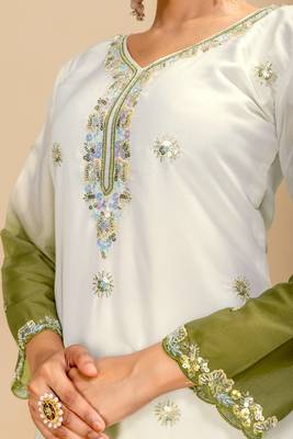 Olive Color Front Embroidery Beads Work With Cut-work Padding Star Georgette Kurti Set 2