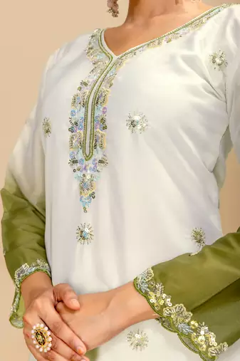Olive Color Front Embroidery Beads Work With Cut-work Padding Star Georgette Kurti Set