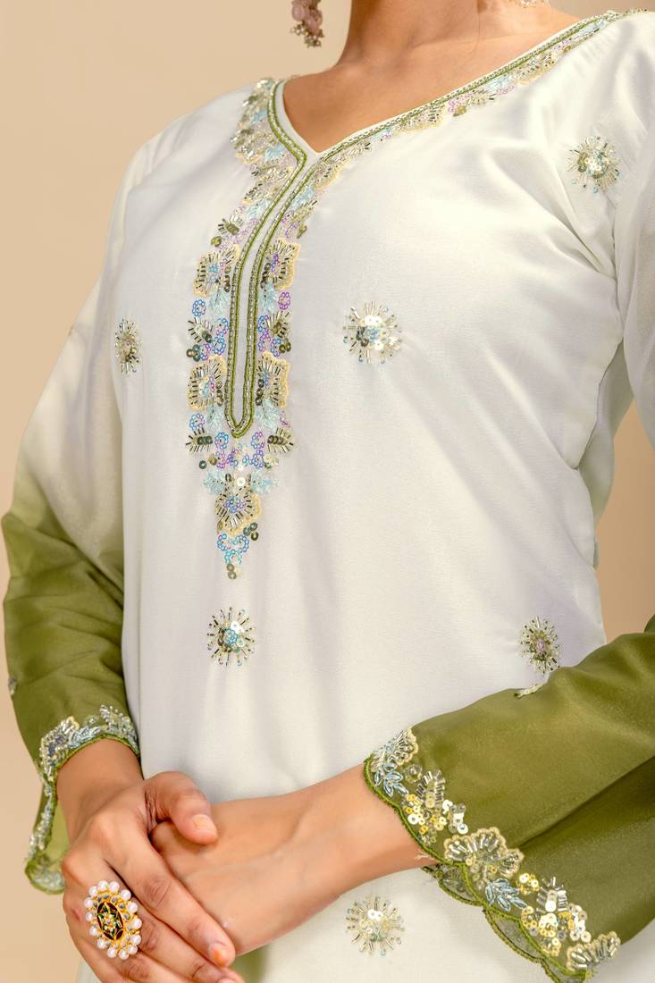 Olive Color Front Embroidery Beads Work With Cut-work Padding Star Georgette Kurti Set