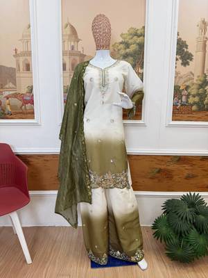 Olive Color Front Embroidery Beads Work With Cut-work Padding Star Georgette Kurti Set 3
