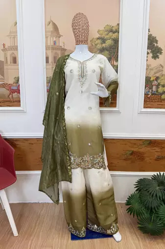 Olive Color Front Embroidery Beads Work With Cut-work Padding Star Georgette Kurti Set