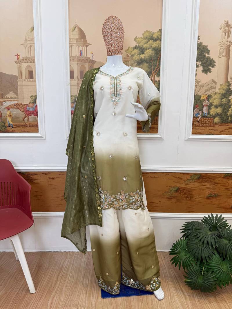 Olive Color Front Embroidery Beads Work With Cut-work Padding Star Georgette Kurti Set