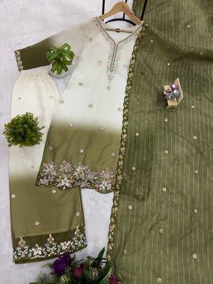 Olive Color Front Embroidery Beads Work With Cut-work Padding Star Georgette Kurti Set 4