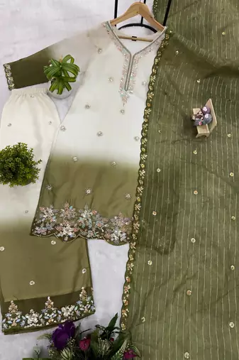 Olive Color Front Embroidery Beads Work With Cut-work Padding Star Georgette Kurti Set