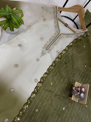 Olive Color Front Embroidery Beads Work With Cut-work Padding Star Georgette Kurti Set 5