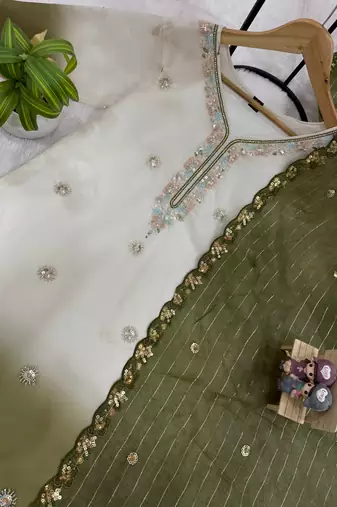 Olive Color Front Embroidery Beads Work With Cut-work Padding Star Georgette Kurti Set