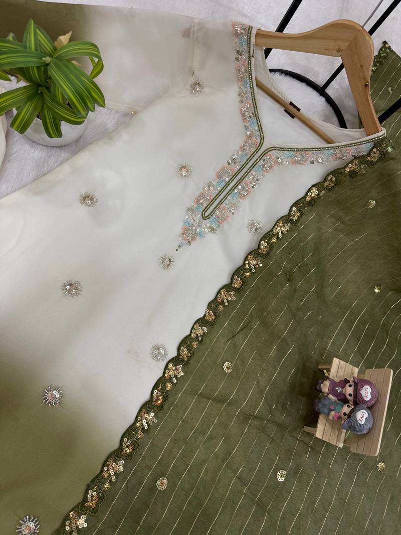 Olive Color Front Embroidery Beads Work With Cut-work Padding Star Georgette Kurti Set