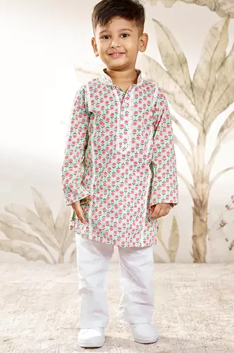 Boys aqua cotton kurta pyjama set