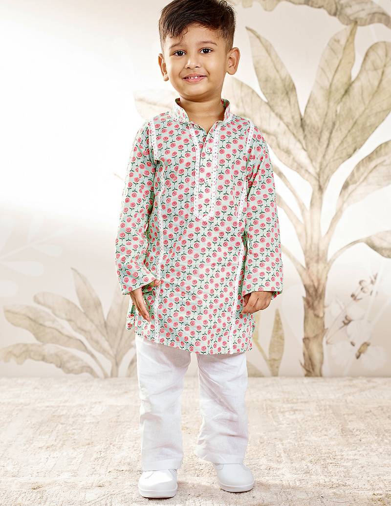 Boys aqua cotton kurta pyjama set