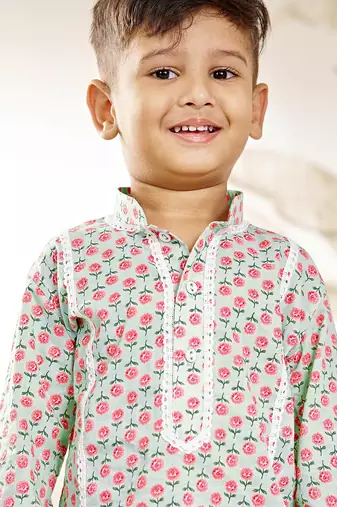 Boys aqua cotton kurta pyjama set