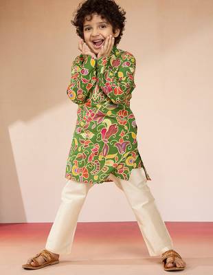 Cotton muslin printed kurta set with pyjamas for boys | green | navratri 1