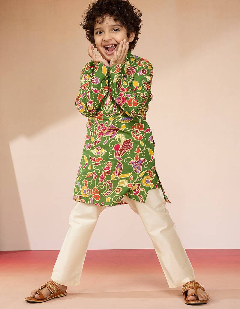 Cotton muslin printed kurta set with pyjamas for boys | green | navratri