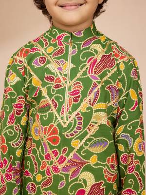 Cotton muslin printed kurta set with pyjamas for boys | green | navratri 2
