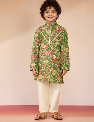 Cotton muslin printed kurta set with pyjamas for boys | green | navratri 3