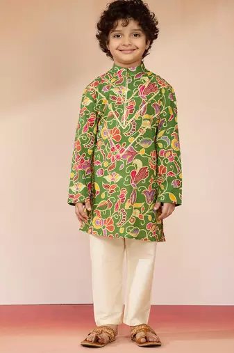 Cotton muslin printed kurta set with pyjamas for boys | green | navratri
