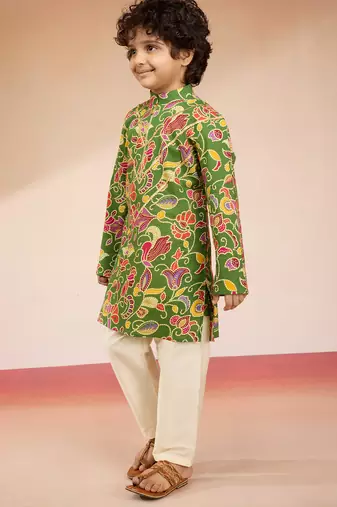 Cotton muslin printed kurta set with pyjamas for boys | green | navratri