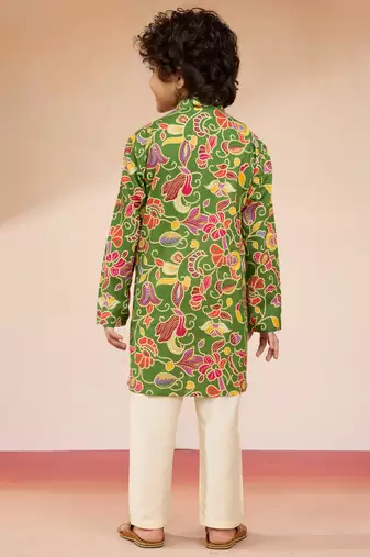 Cotton muslin printed kurta set with pyjamas for boys | green | navratri