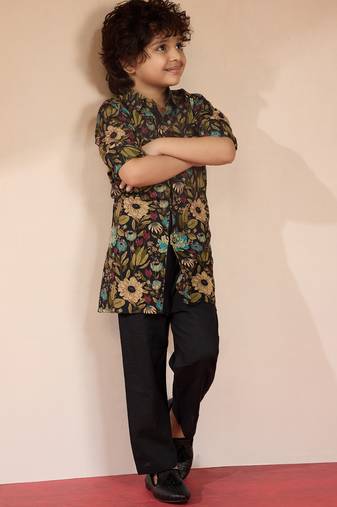 Cotton kurta set with pyjama for boys| black | navratri