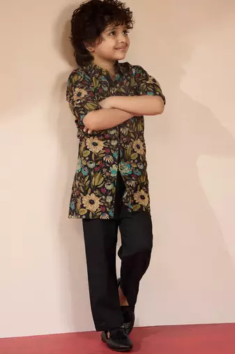 Cotton kurta set with pyjama for boys| black | navratri