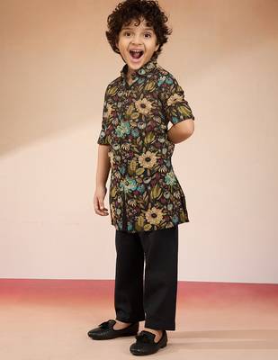 Cotton kurta set with pyjama for boys| black | navratri 4