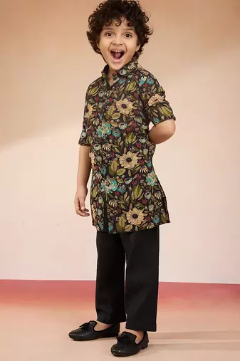 Cotton kurta set with pyjama for boys| black | navratri