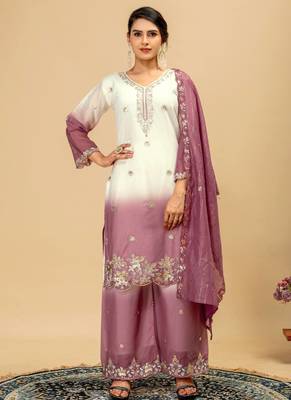 Onion Pink Color Front Embroidery Beads Work With Cut-work Padding Star Georgette Kurti Set 1