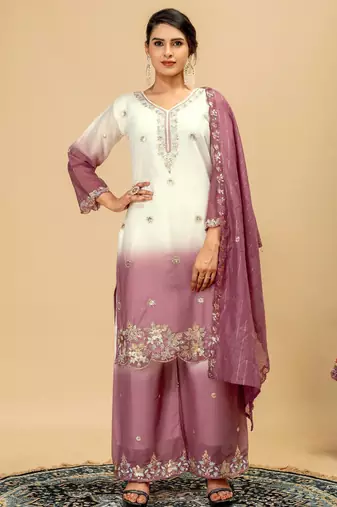 Onion Pink Color Front Embroidery Beads Work With Cut-work Padding Star Georgette Kurti Set