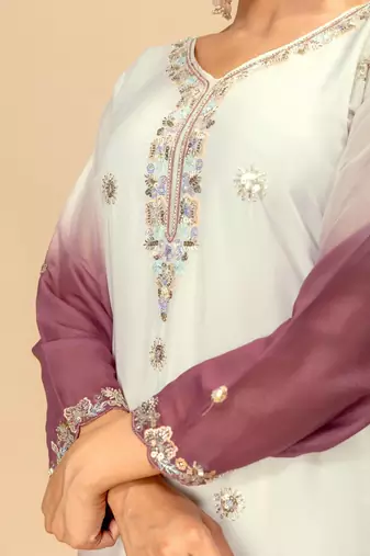 Onion Pink Color Front Embroidery Beads Work With Cut-work Padding Star Georgette Kurti Set
