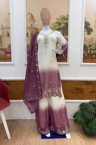 Onion Pink Color Front Embroidery Beads Work With Cut-work Padding Star Georgette Kurti Set