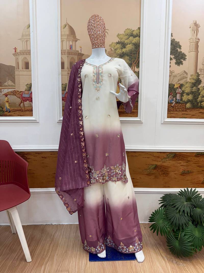 Onion Pink Color Front Embroidery Beads Work With Cut-work Padding Star Georgette Kurti Set