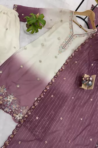 Onion Pink Color Front Embroidery Beads Work With Cut-work Padding Star Georgette Kurti Set
