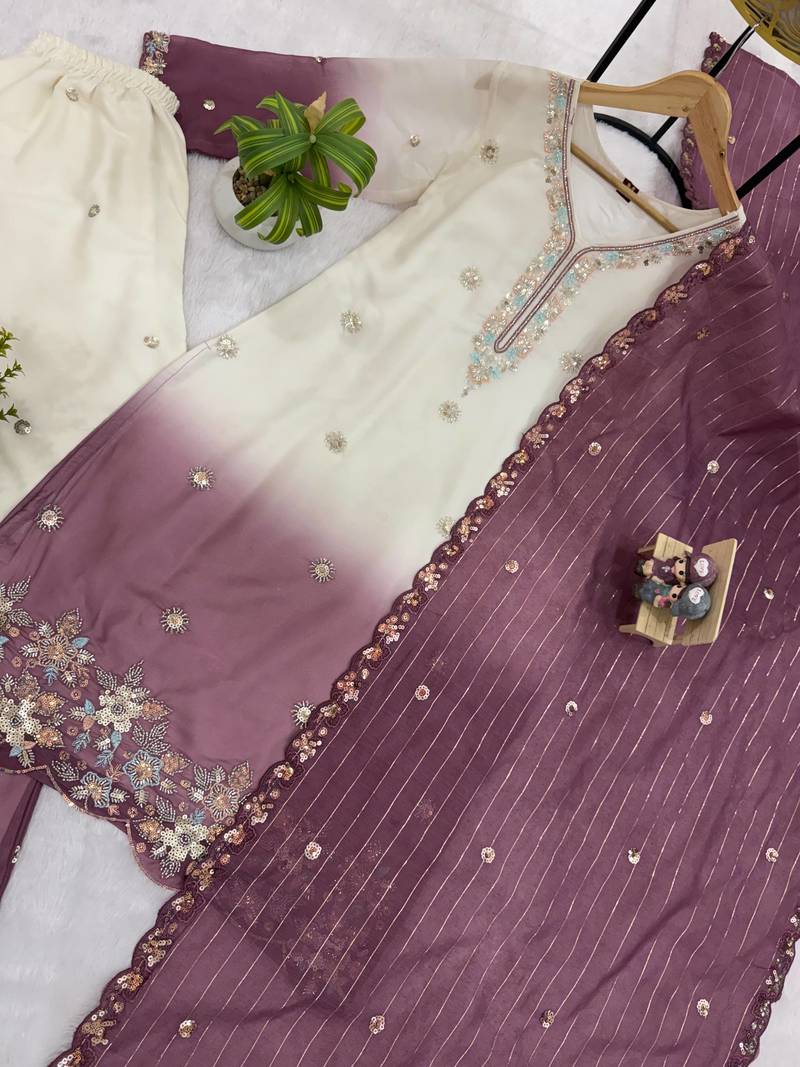 Onion Pink Color Front Embroidery Beads Work With Cut-work Padding Star Georgette Kurti Set
