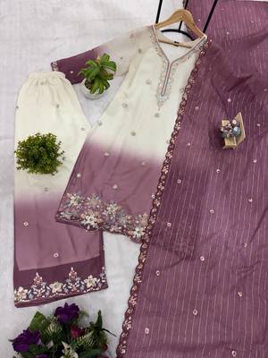 Onion Pink Color Front Embroidery Beads Work With Cut-work Padding Star Georgette Kurti Set 5