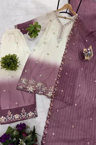Onion Pink Color Front Embroidery Beads Work With Cut-work Padding Star Georgette Kurti Set