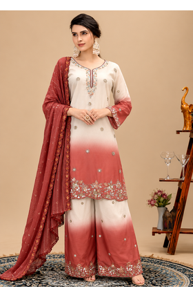 Light Brown Color Front Embroidery Beads Work With Cut-work Padding Star Georgette Kurti Set 1