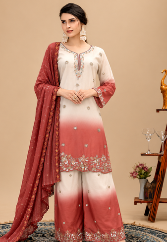 Light Brown Color Front Embroidery Beads Work With Cut-work Padding Star Georgette Kurti Set