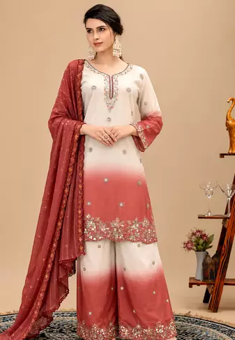 Light Brown Color Front Embroidery Beads Work With Cut-work Padding Star Georgette Kurti Set