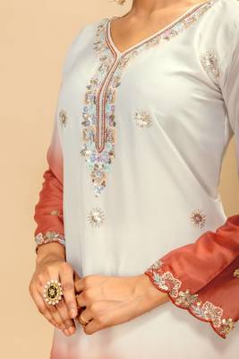 Light Brown Color Front Embroidery Beads Work With Cut-work Padding Star Georgette Kurti Set 2