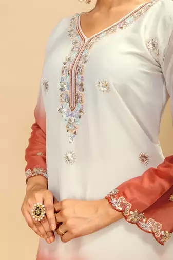 Light Brown Color Front Embroidery Beads Work With Cut-work Padding Star Georgette Kurti Set