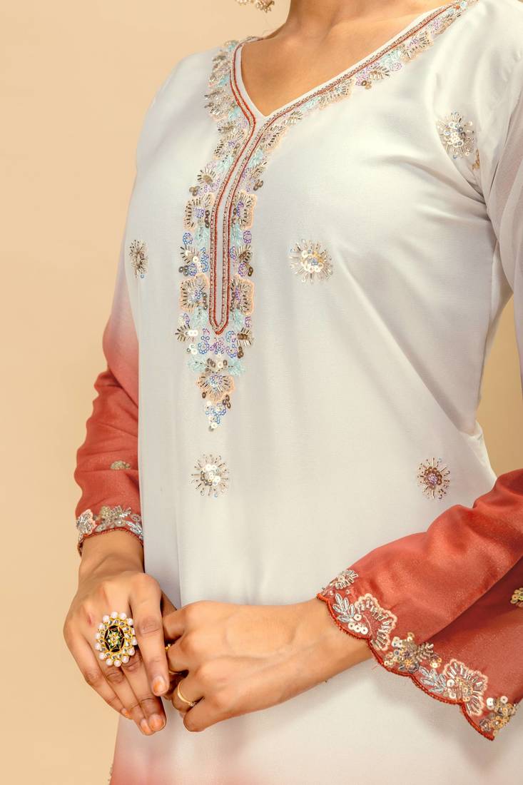 Light Brown Color Front Embroidery Beads Work With Cut-work Padding Star Georgette Kurti Set