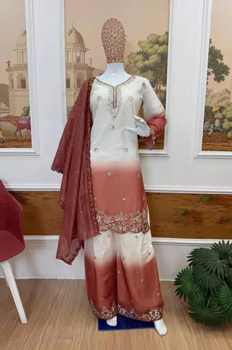 Light Brown Color Front Embroidery Beads Work With Cut-work Padding Star Georgette Kurti Set