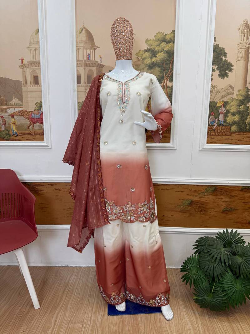 Light Brown Color Front Embroidery Beads Work With Cut-work Padding Star Georgette Kurti Set
