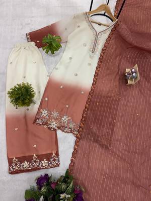 Light Brown Color Front Embroidery Beads Work With Cut-work Padding Star Georgette Kurti Set 4
