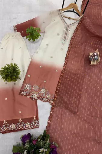 Light Brown Color Front Embroidery Beads Work With Cut-work Padding Star Georgette Kurti Set