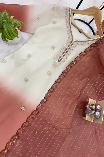 Light Brown Color Front Embroidery Beads Work With Cut-work Padding Star Georgette Kurti Set