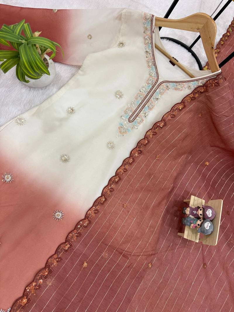 Light Brown Color Front Embroidery Beads Work With Cut-work Padding Star Georgette Kurti Set